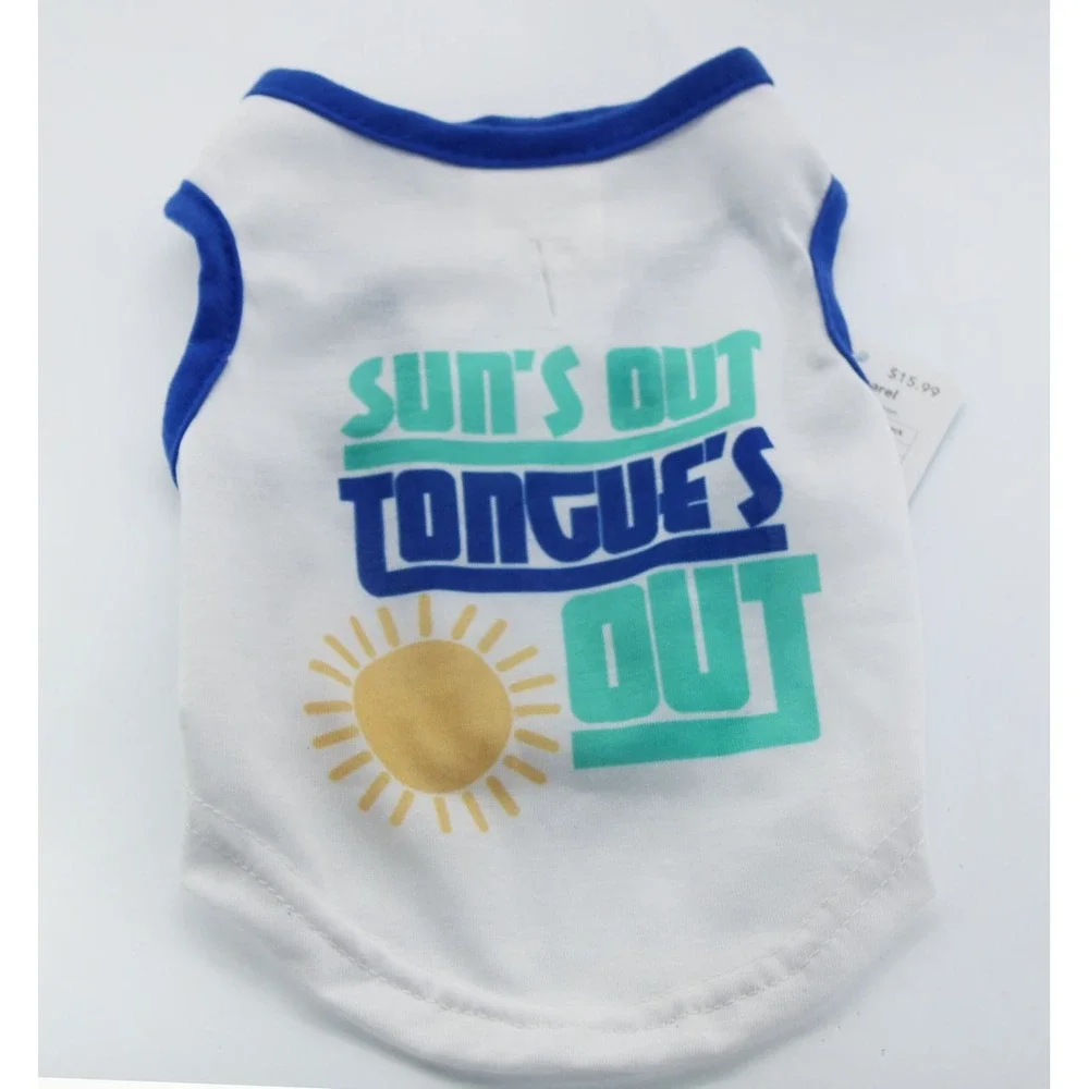 Sun's Out Tongue's Out White Blue Ringer Pet Dog Tank Top Shirt XS